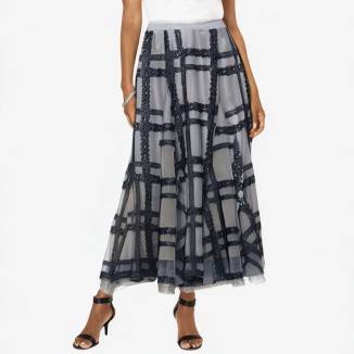 High waist contrast color mid-calf plaid lace ball long skirt