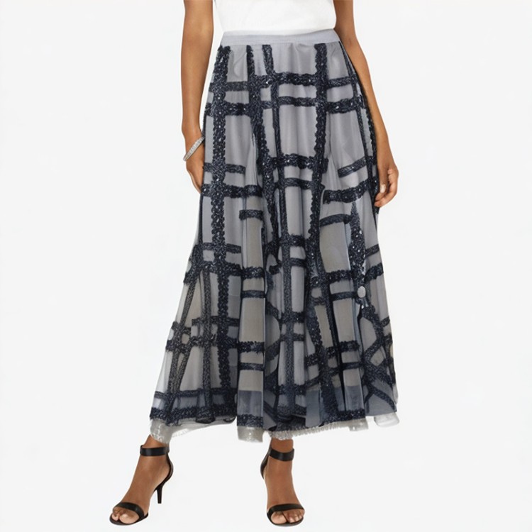 High waist contrast color mid-calf plaid lace ball long skirt