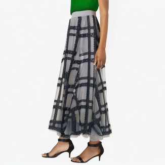 High waist contrast color mid-calf plaid lace ball long skirt