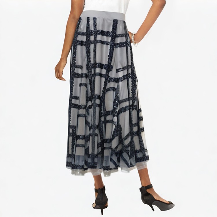 High waist contrast color mid-calf plaid lace ball long skirt