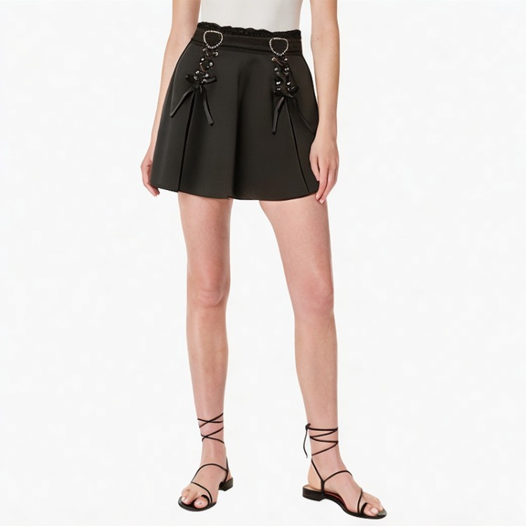 High_waist_contrast_color_mid-calf_plaid_lace_ball_long_skirt