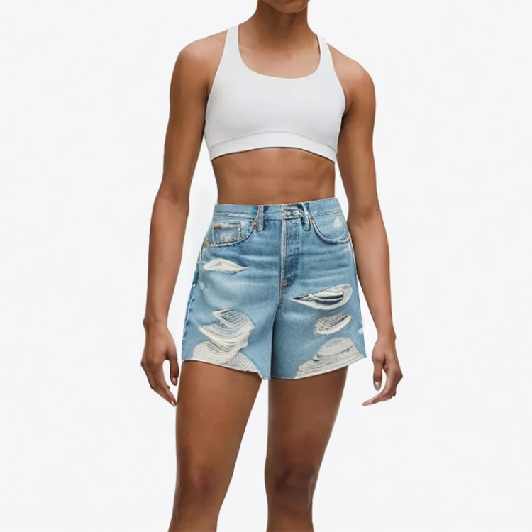 Breathable distressed retro denim shorts