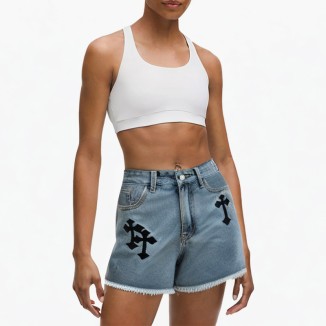 Embroidered high-waist washed pattern denim shorts