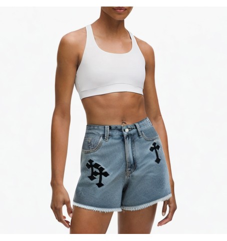 Embroidered high-waist washed pattern denim shorts