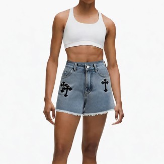 Embroidered high-waist washed pattern denim shorts