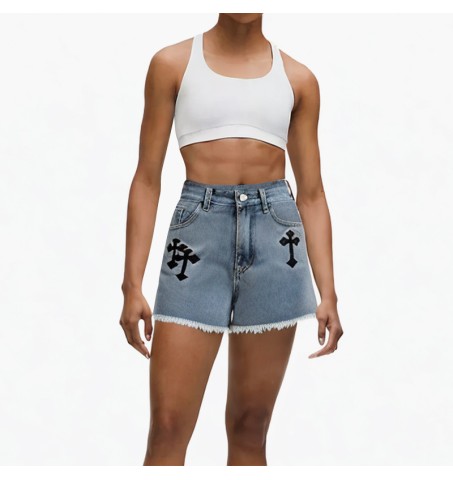 Embroidered high-waist washed pattern denim shorts