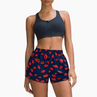 blue red lip drawstring denim shorts