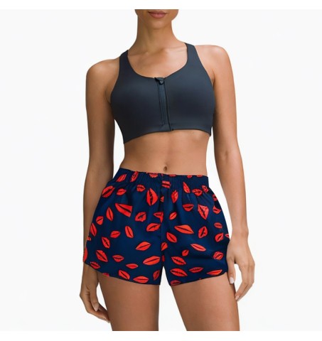 blue red lip drawstring denim shorts
