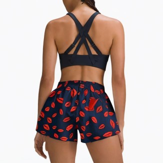 blue red lip drawstring denim shorts