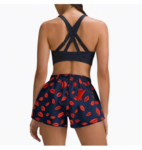 blue red lip drawstring denim shorts