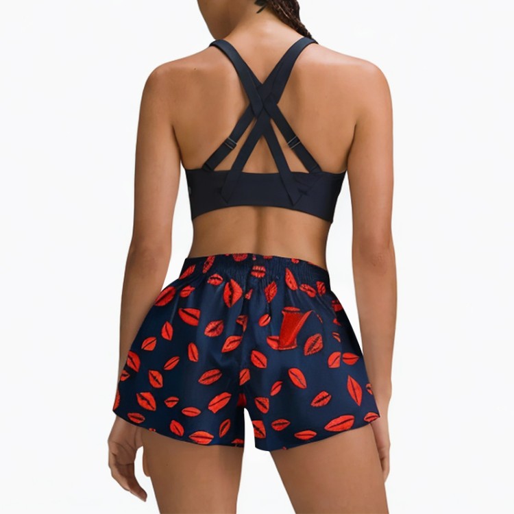 blue red lip drawstring denim shorts