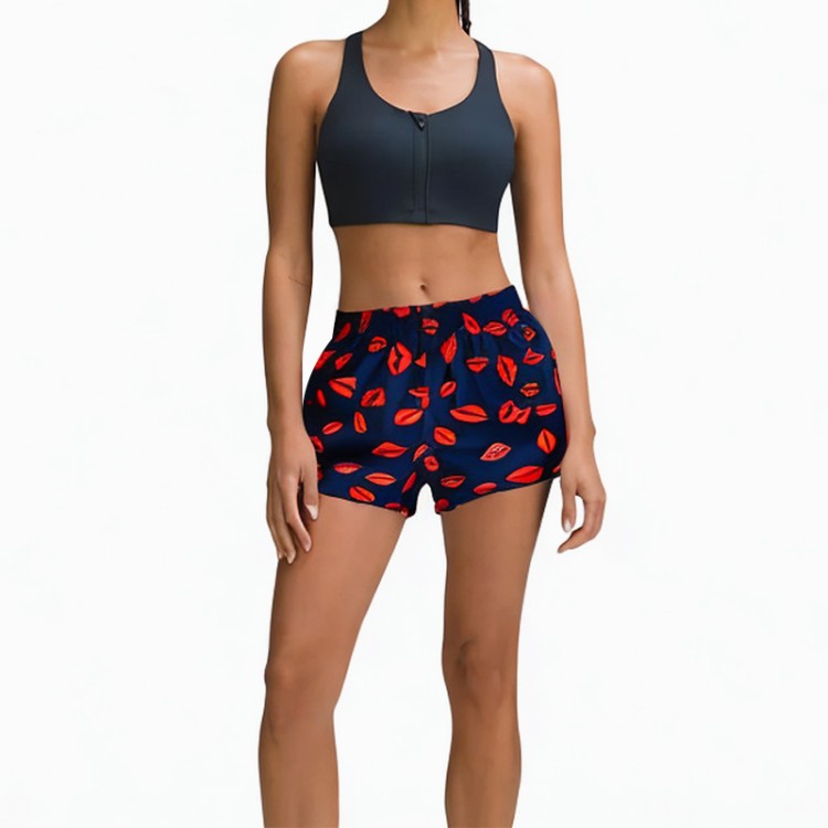 blue red lip drawstring denim shorts