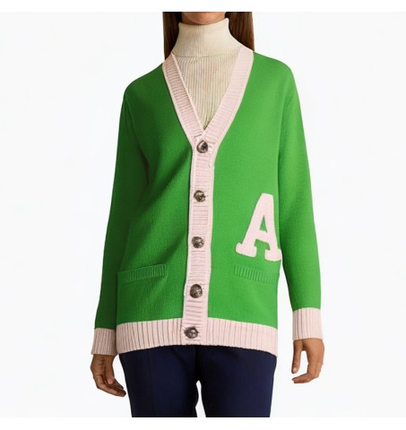 Green v-neck applique soft cardigan