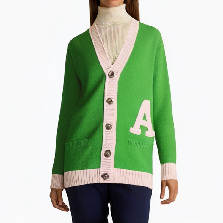 Green v-neck applique soft cardigan