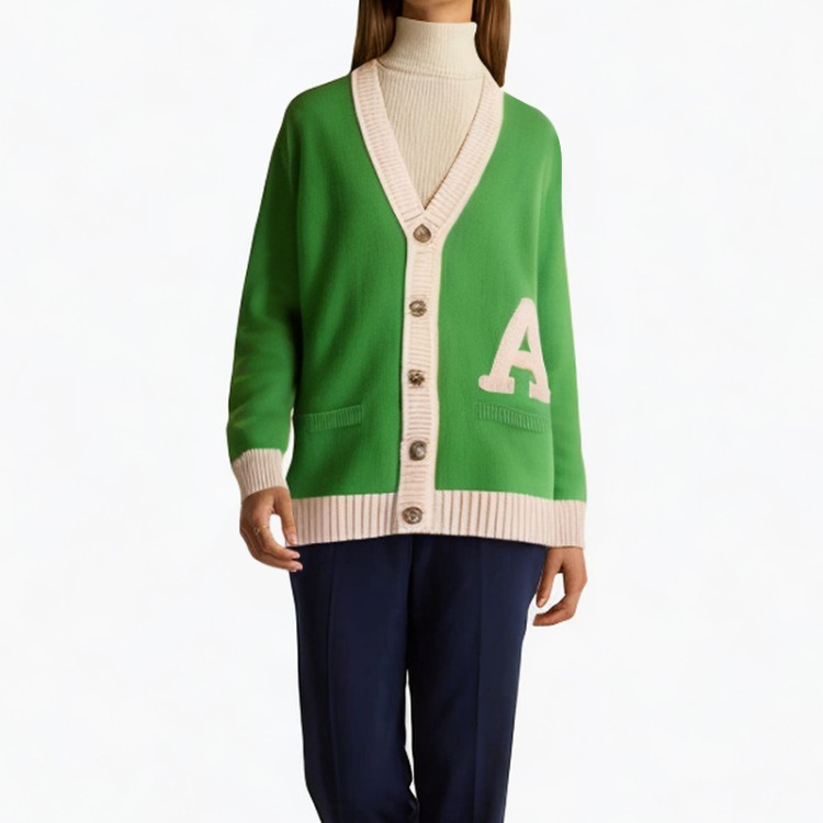 Green v-neck applique soft cardigan