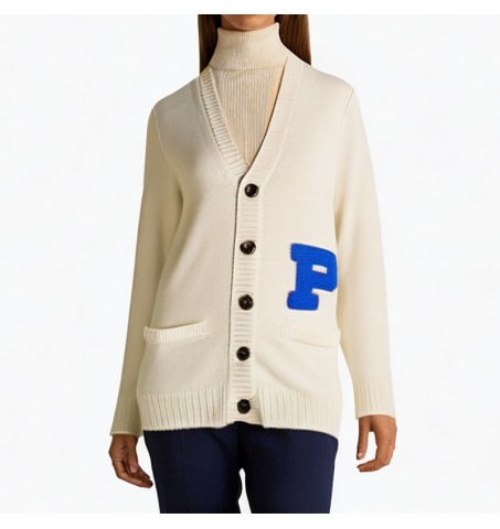 White V-neck applique letter cardigan