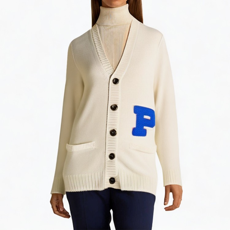 White V-neck applique letter cardigan