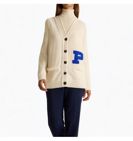 White V-neck applique letter cardigan