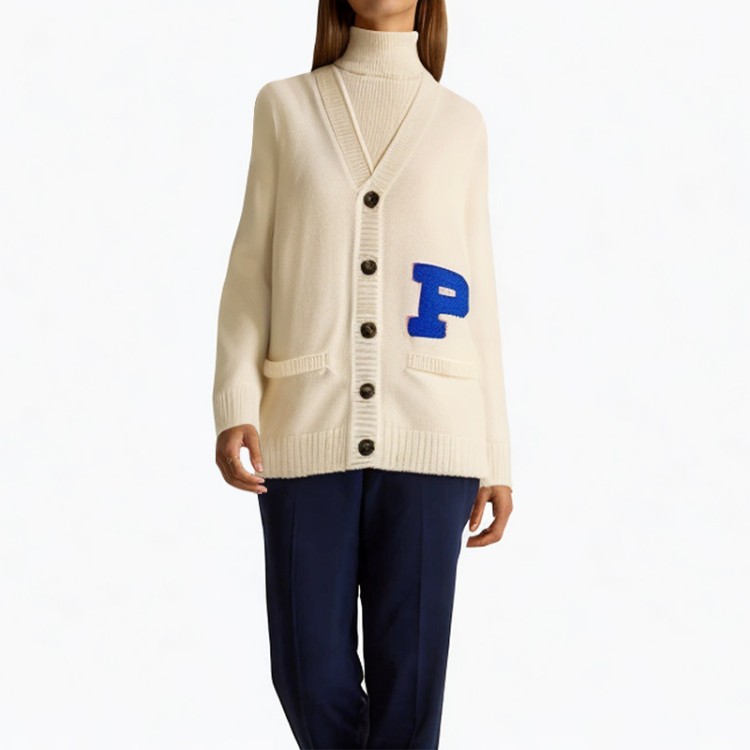 White V-neck applique letter cardigan