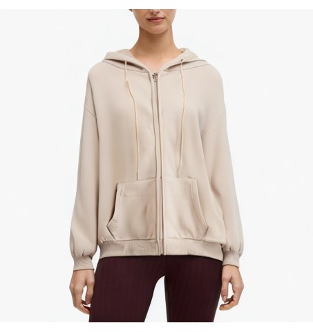 Long-sleeved drawstring drop shoulder zipper cardigan