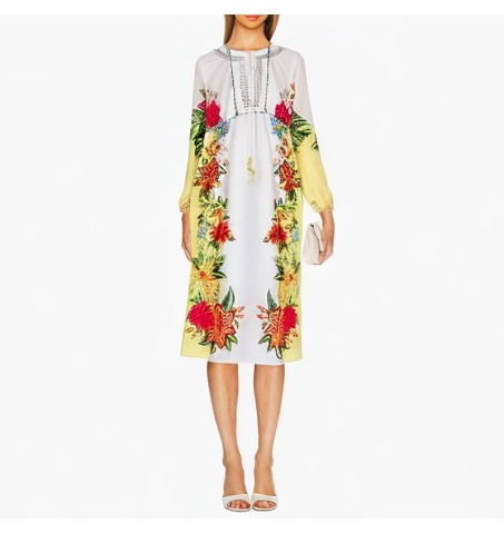 Round neck long-sleeved printed multi-color casual dress