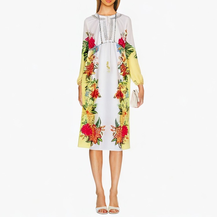 Round neck long-sleeved printed multi-color casual dress