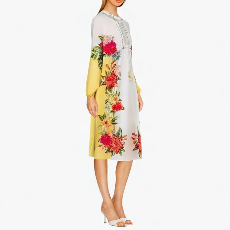 Round neck long-sleeved printed multi-color casual dress