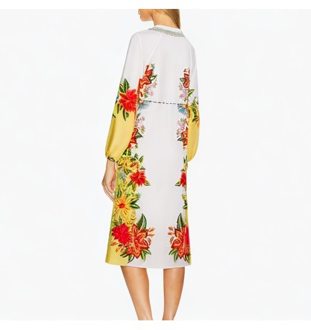 Round neck long-sleeved printed multi-color casual dress