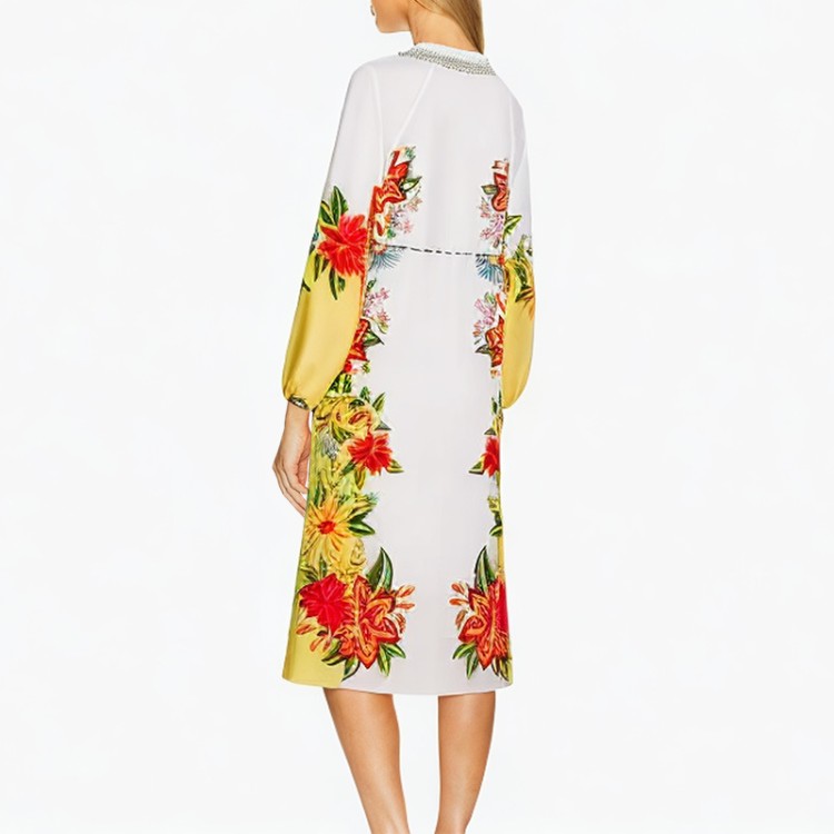 Round neck long-sleeved printed multi-color casual dress