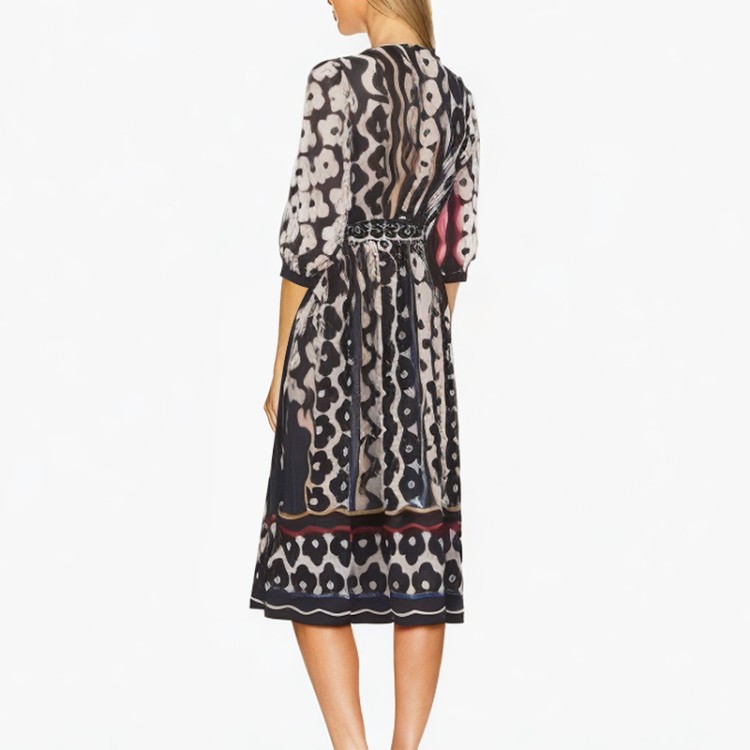 V-neck printed long-sleeved dress