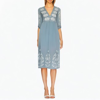 V-neck blue short-sleeved printed dress