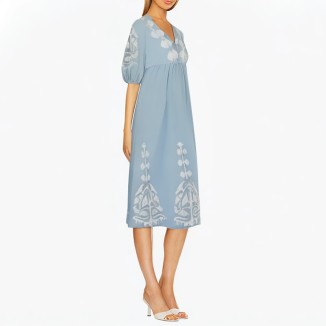 V-neck blue short-sleeved printed dress