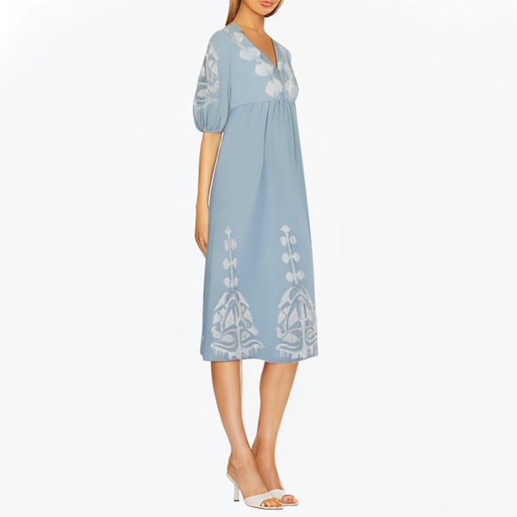 V-neck blue short-sleeved printed dress