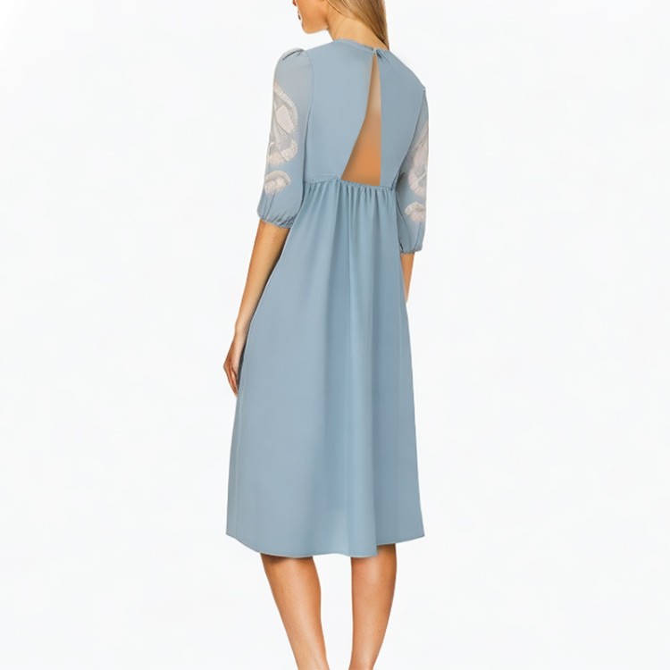 V-neck blue short-sleeved printed dress