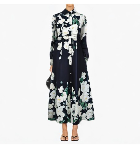 Lapel printed long-sleeved casual fashion dress