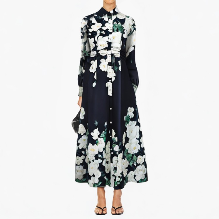 Lapel printed long-sleeved casual fashion dress