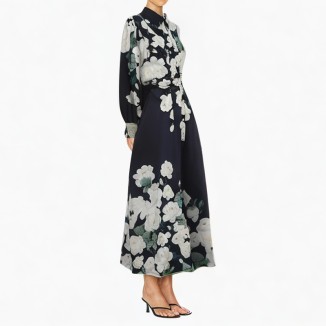 Lapel printed long-sleeved casual fashion dress
