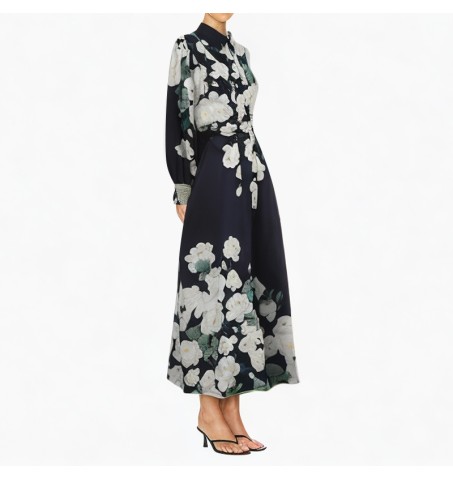 Lapel printed long-sleeved casual fashion dress