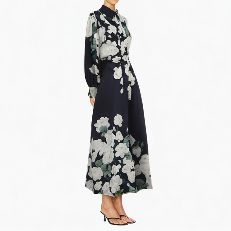 Lapel printed long-sleeved casual fashion dress