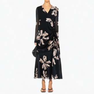 V-neck printed long-sleeved pleated black dress
