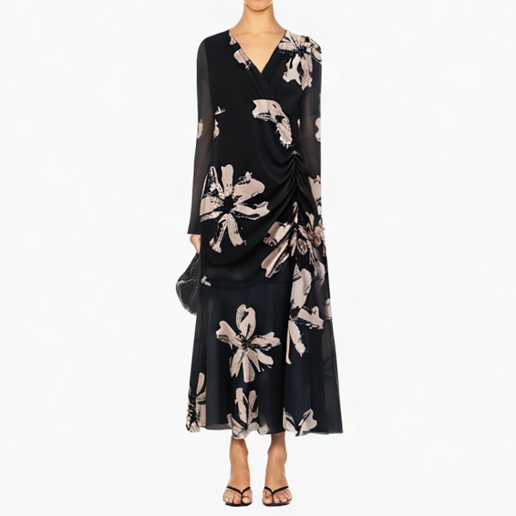 V-neck printed long-sleeved pleated black dress