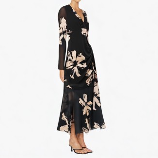 V-neck printed long-sleeved pleated black dress