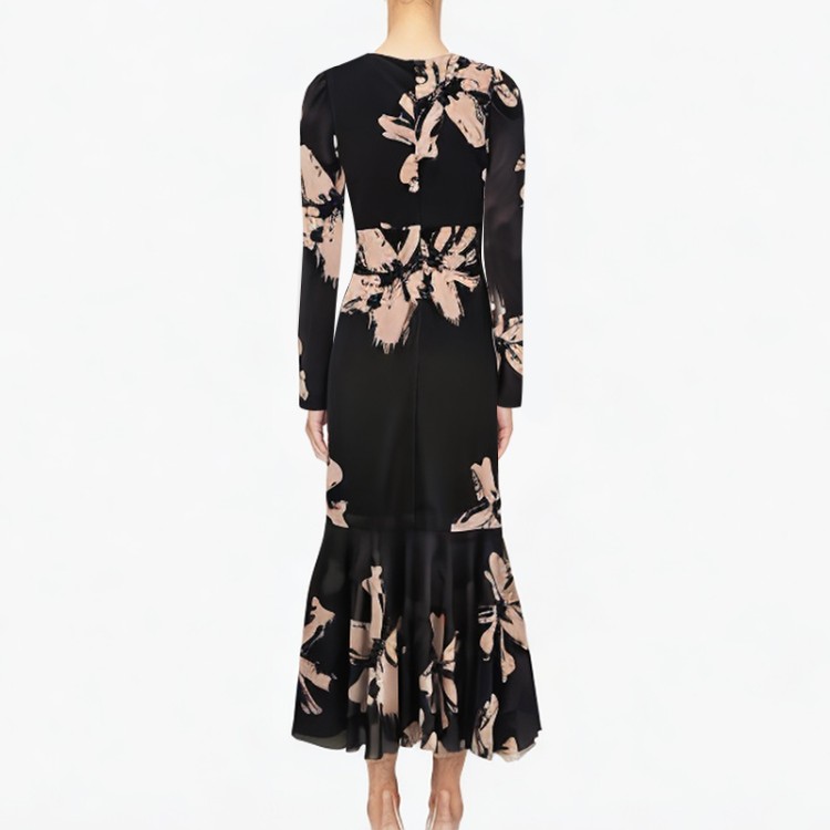 V-neck printed long-sleeved pleated black dress