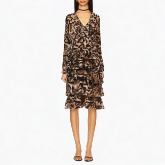 Leopard print deep sexy v-neck pleated long-sleeved dress