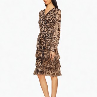 Leopard print deep sexy v-neck pleated long-sleeved dress
