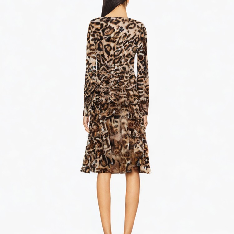 Leopard print deep sexy v-neck pleated long-sleeved dress