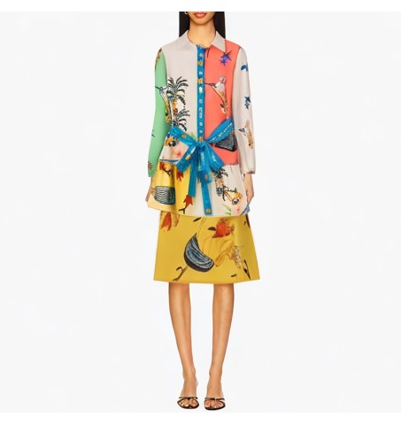 Lapel long-sleeved belt multi-color printed dress