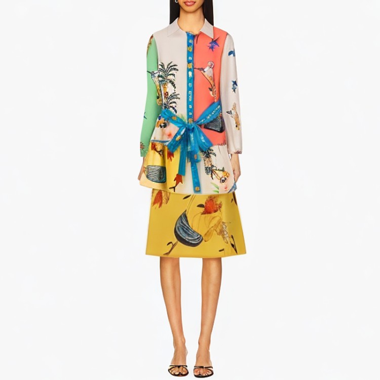 Lapel long-sleeved belt multi-color printed dress