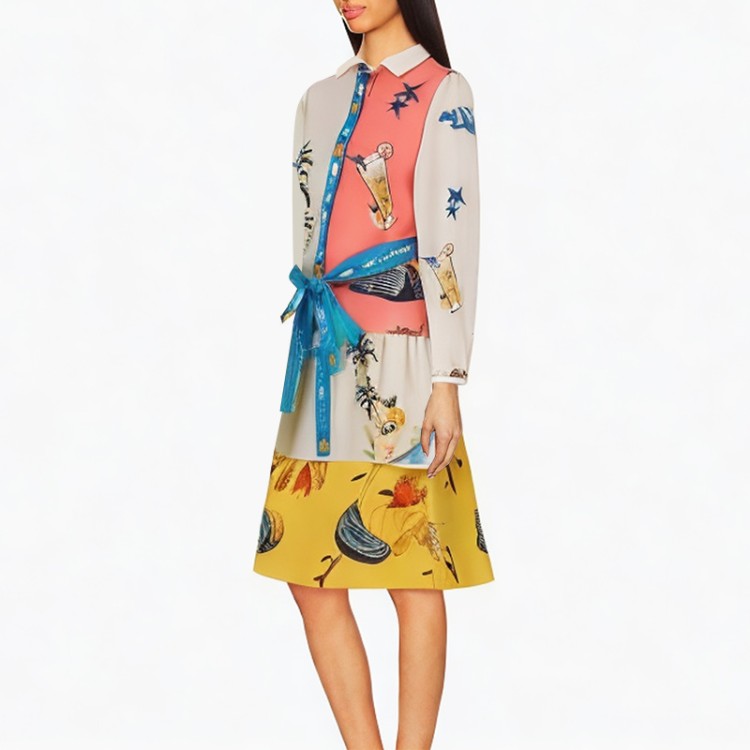 Lapel long-sleeved belt multi-color printed dress