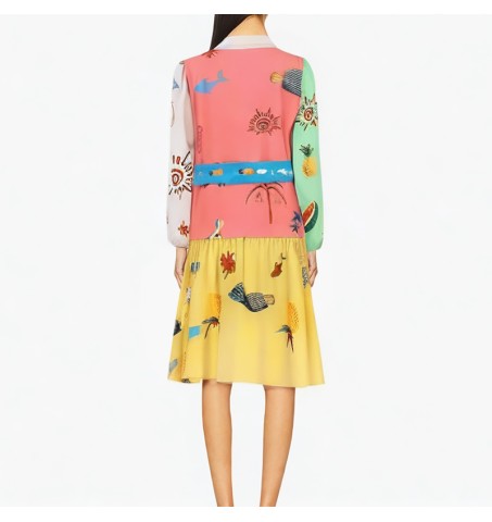 Lapel long-sleeved belt multi-color printed dress